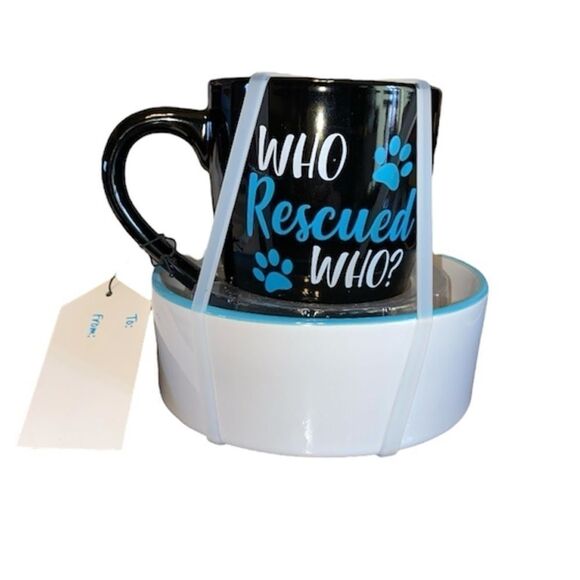 Coffee Mug and Pet Feeding Dish Bundle NWT Who Rescued Who - Picture 2 of 3